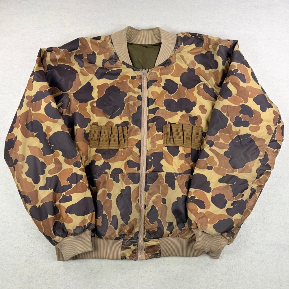Vintage Columbia Reversible Bomber Jacket Mens XL Tall Duck Hunter Camo Olive